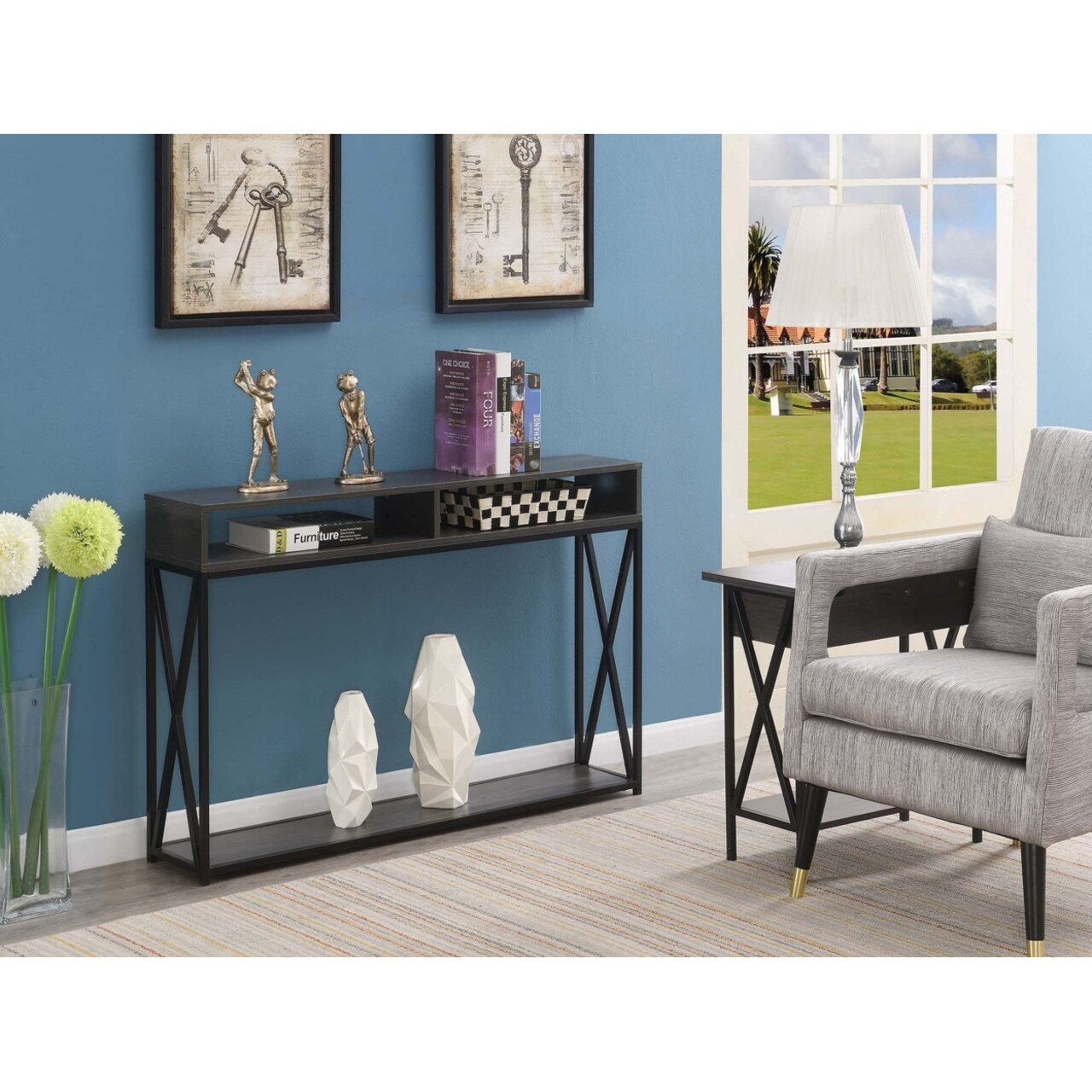 Convenience Concepts Tucson Deluxe 2 Tier Console Table, Charcoal Gray and Black